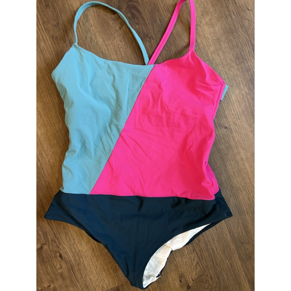 NWT TOUCHÉ BALNEAIRE Pink Green Blue Color Block One Piece Swimsuit M Resort